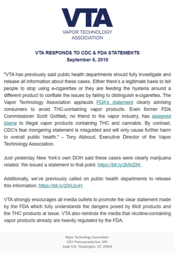 VTA RESPONDS TO CDC & FDA STATEMENTS