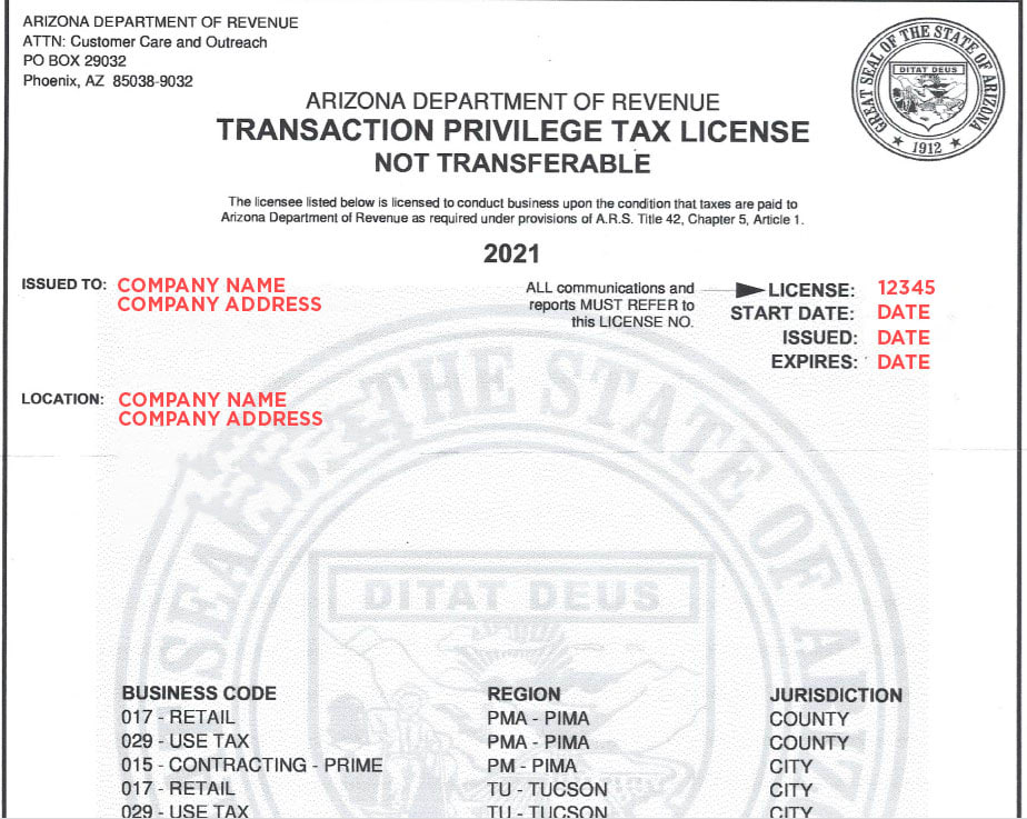 Arizona Sales and Use Tax License
