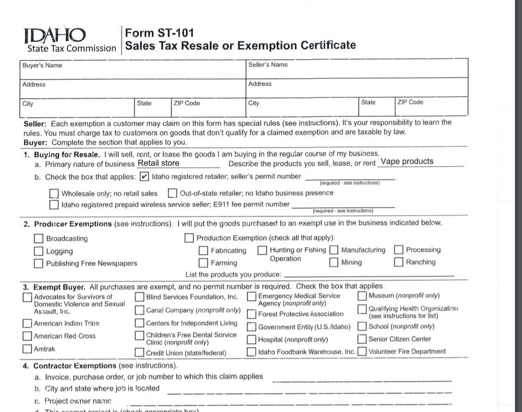 Idaho Resale Certificate