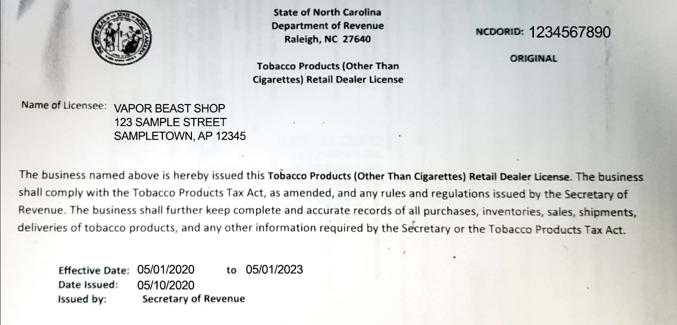 North Carolina Tobacco License