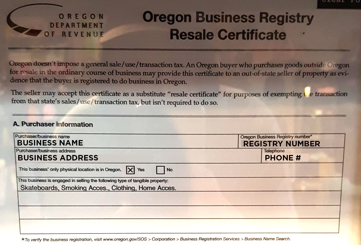 Oregon Resale Certificate